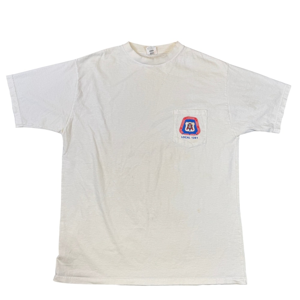 Union Line Carpenters Local 1281 Pocket T-Shirt Mens XL White USA Made Vintage